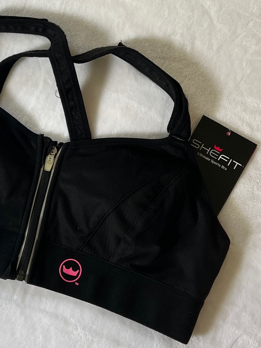 SHEFIT Black Front-Zip Adjustable Support Sports Bra with Pink Logo